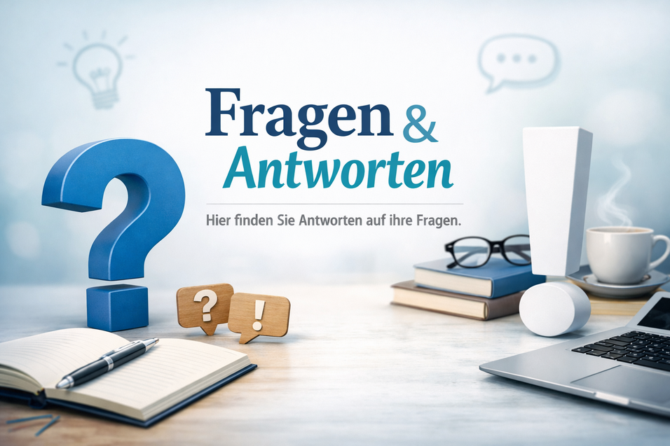 Tisch mit Notizbuch, Laptop, Tasse Kaffee und Fragezeichen-Symbolen f&uuml;r Fragen und Antworten.