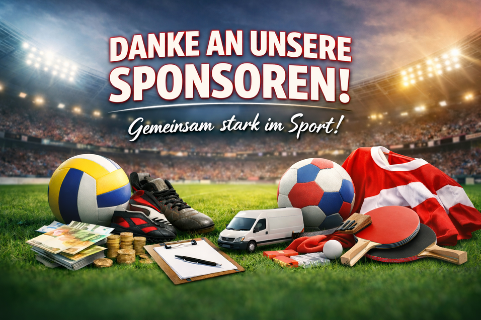 Grafik mit Sportger&auml;ten, Geldscheinen und Trikots, beschriftet mit &bdquo;Danke an unsere Sponsoren! Gemeinsam stark im Sport!&ldquo;