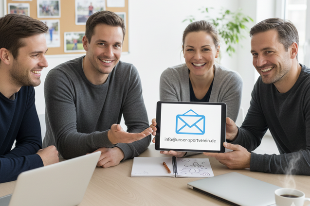 Gruppenszene mit vier Personen, die an einem Tisch sitzen und ein Tablet mit der E-Mail-Adresse zeigen.