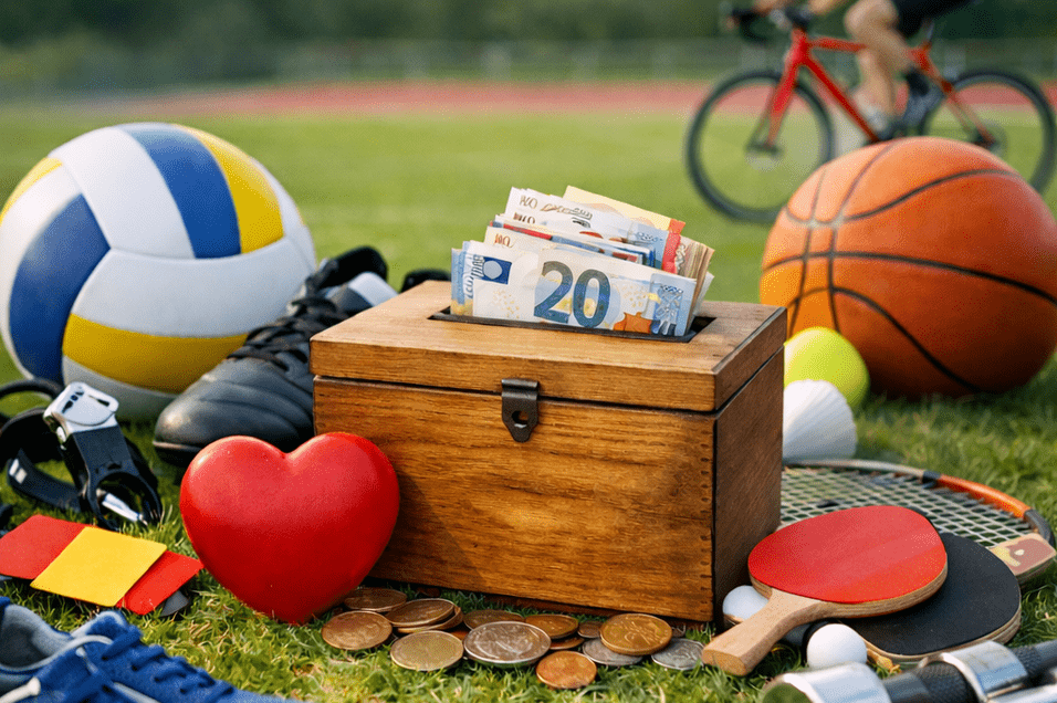 Sportger&auml;te und eine Holzbox mit Geldscheinen stehen auf einem Rasen, w&auml;hrend ein Radfahrer vorbeif&auml;hrt.