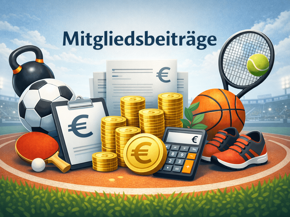 Grafik zu Mitgliedsbeitr&auml;gen mit Sportb&auml;llen, Geldm&uuml;nzen, Unterlagen und einem Taschenrechner auf einem Sportplatz.