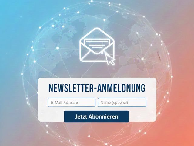 Grafik zur Newsletter-Anmeldung mit Eingabefeldern f&uuml;r E-Mail-Adresse und Namen auf einem globalen Hintergrund.