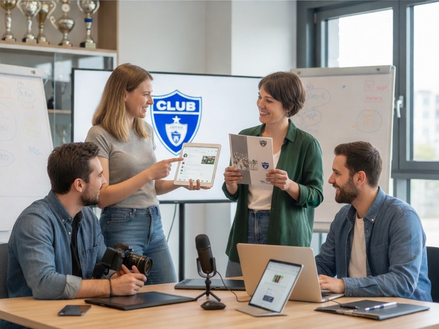 Vier Personen in einem modernen Meetingraum diskutieren &uuml;ber &Ouml;ffentlichkeitsarbeit, Tablets und Unterlagen auf dem Tisch.