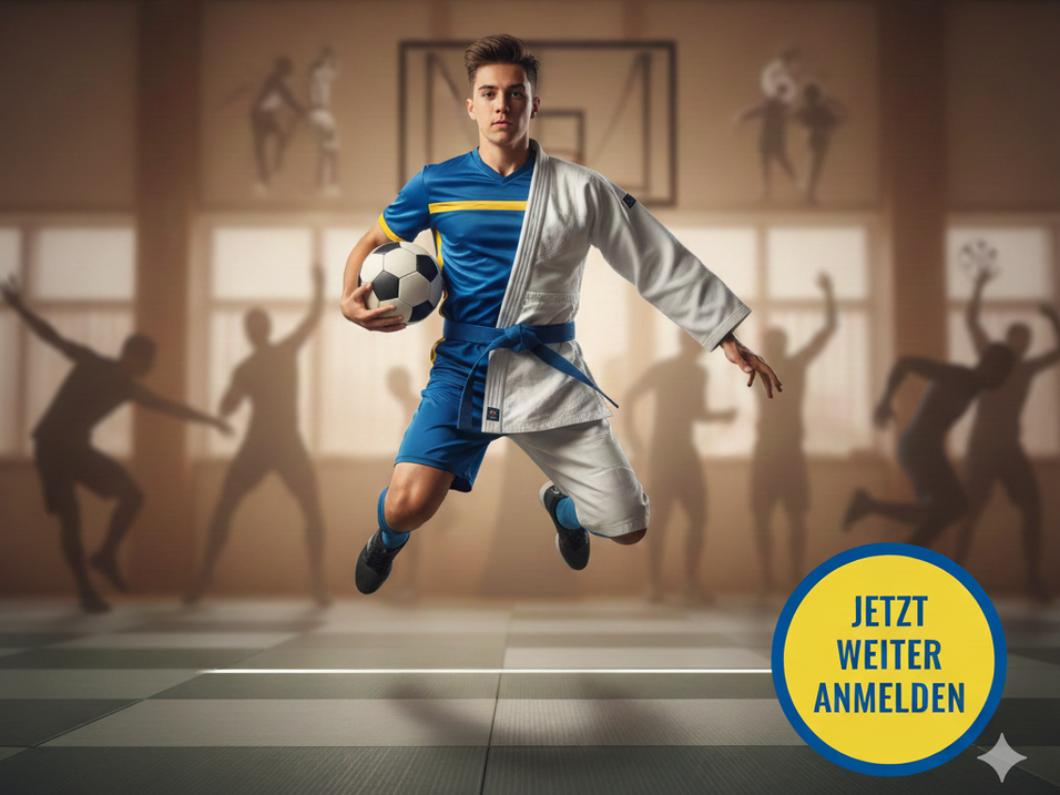 Junger Sportler in blau-wei&szlig;er Sportkleidung springt mit einem Fu&szlig;ball in der Sporthalle. Text: "Dein Verein. Deine Wahl."