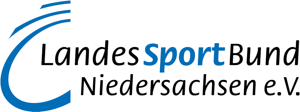 Logo des Landessportbundes Niedersachsen e.V. mit geschwungenen blauen Linien und dem Schriftzug in Blau und Schwarz.