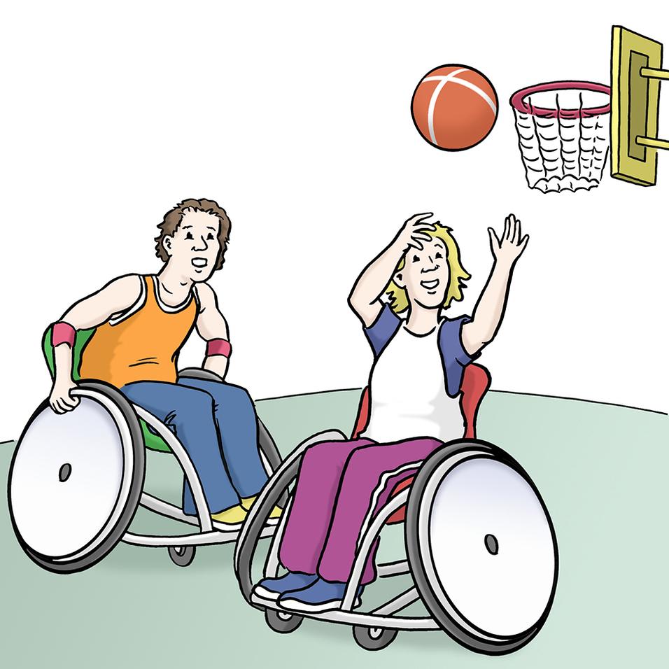 Zwei sportliche Menschen im Rollstuhl spielen Basketball, einer wirft den Ball zum Korb.
