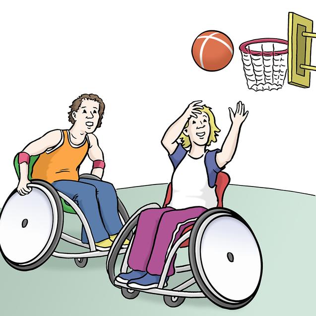 Zwei sportliche Menschen im Rollstuhl spielen Basketball, einer wirft den Ball zum Korb.