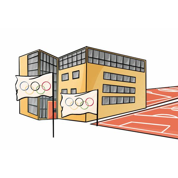 Illustration eines modernen Gebäudes mit Olympiageländen und Flaggen der Olympischen Ringe im Vordergrund.